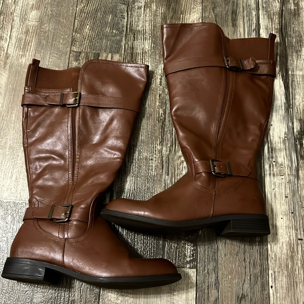 Brown faux leather boots